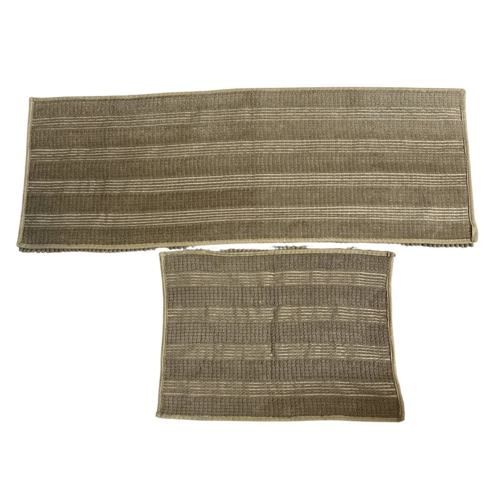 2 Piece Taupe Brown Shag Chenille Bath Mat Set Runner 47x17 & Small Rug 24x17